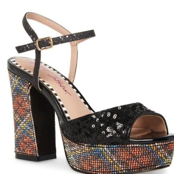 Betsey Johnson ALAIA BLACK PLAID Print Platform Sandal bling sequin NEW - Picture 2 of 8
